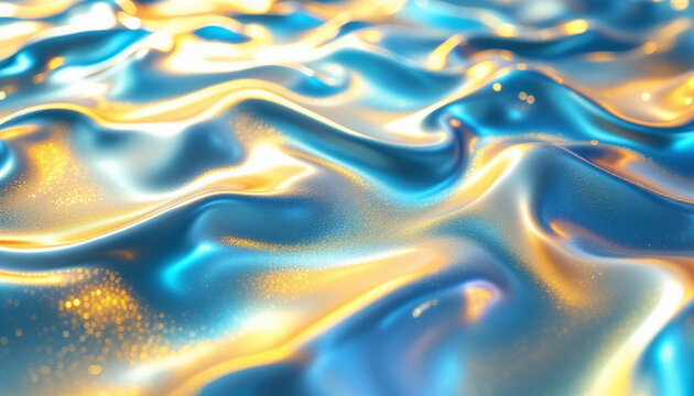Golden and blue liquid waves with a glowing reflective effect