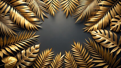 Naklejka premium gold tropical leaves with space in the center on black background