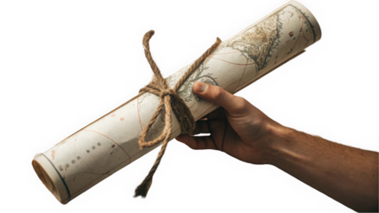 A male hand holding a rolled map tied with twine, evoking a sense of adventure and exploration.