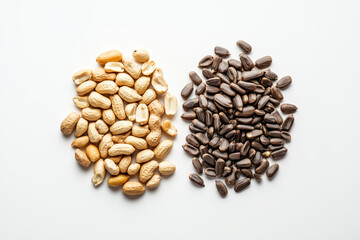 Shelled peanuts and roasted sunflower seeds on white background, clean and fresh snack assortment shot.