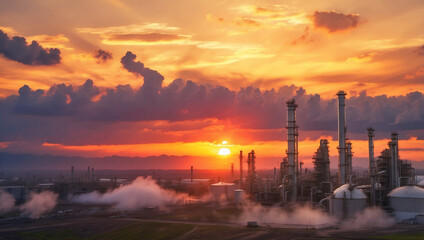 Obraz premium Close up Industrial view at oil refinery plant form industry zone with sunrise and cloudy sky
