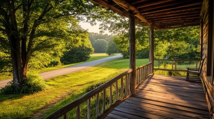 Obraz premium 50.A cozy wooden porch with rustic railings, overlooking a quiet country road framed by tall trees and vibrant green grass, bathed in warm afternoon sunlight.