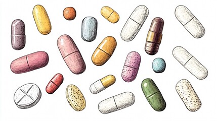 Colorful Handdrawn Pills Capsules Collection for Medical Use