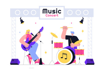 Music Concert Vector Illustration featuring an Artist’s Performance at a Live Music Event with Musical Instruments during a Summer Weekend Festival