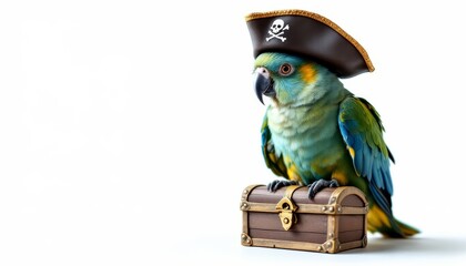Pirate Parrot with Treasure Chest on White Background