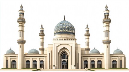 Obraz premium Wide Angle Islamic Mosque Isolated on White Background for Architectural Designs