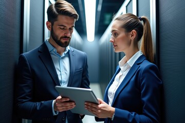 Professional Business Team Collaborating on Data Analysis in Modern Server Room with Digital Tablet and Server Racks in Background