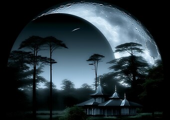 Crescent moon over mystical house.