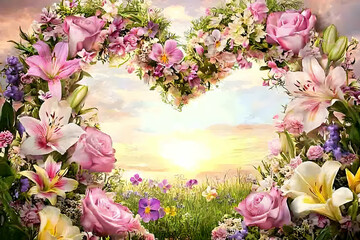 Fototapeta premium A heart-shaped arch made of blooming flowers