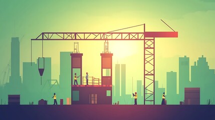 Construction Workers Building a Modern City Structure