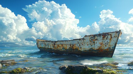 Rusty shipwreck on rocky shore, ocean waves, cloudy sky.  Coastal landscape photo, travel, nature