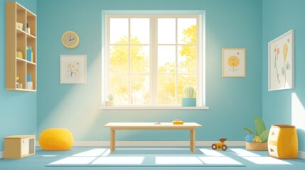Sunny kids room with toys, bookshelves, and large window.