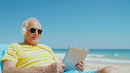 Elderly man relaxing on beach, enjoying music on tablet while wearing sunglasses