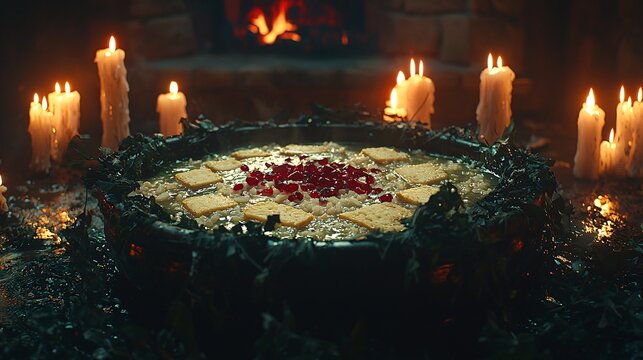 Mystical stew, fireside ritual, dark ambiance, food photography - Powered by Adobe