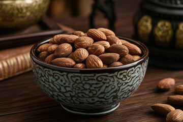 Spiced almonds in a decorative ceramic bowl for a close-up food scene