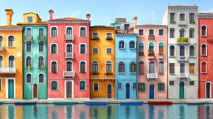 Charming Waterfront Cityscape with Colorful Buildings and Calm Reflecting Water