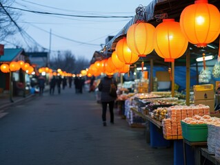 Obraz premium Vibrant Night Market with Lanterns and Food Stalls Under Twilight Sky