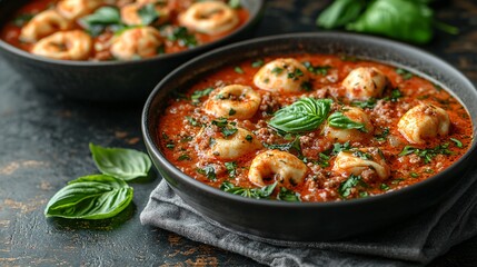 Delicious tortellini in meat sauce, close-up shot, food photography