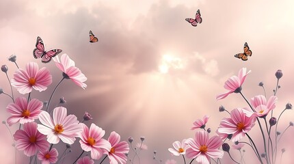 Naklejka premium floral frame made by pink and white cosmos flowers with butterflies in watercolor style on soft pastel background, wide copy space in the middle