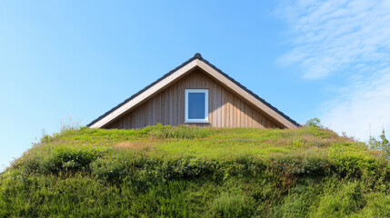 Obraz premium Sustainable house with green roof, showcasing Scandinavian design and natural materials. perfect blend of nature and architecture