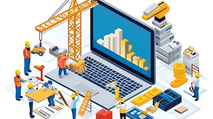 Construction Workers Building Digital Project on Laptop