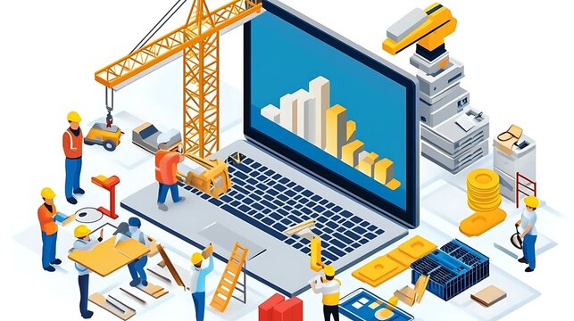 Construction Workers Building Digital Project on Laptop - Powered by Adobe