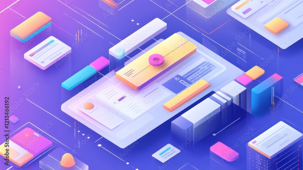 Poster digital interface isometric data network visualization