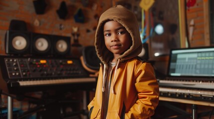 Obraz premium Little boy hip hop musician posing in studio, AI generated image