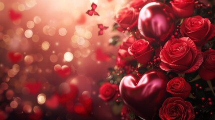 Obraz premium Valentine's day background featuring red Roses and heart shaped balloons, wallpaper,