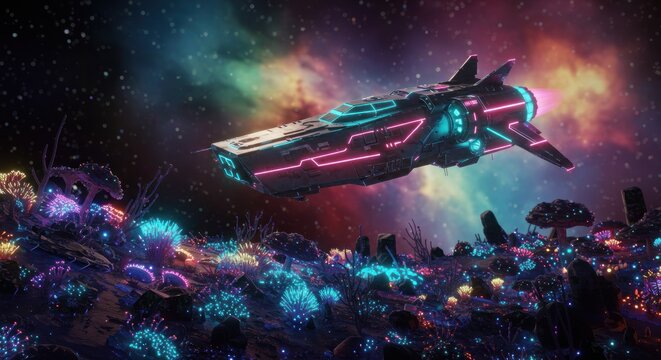 Neon Spaceship Soaring Over Glowing Alien Flora