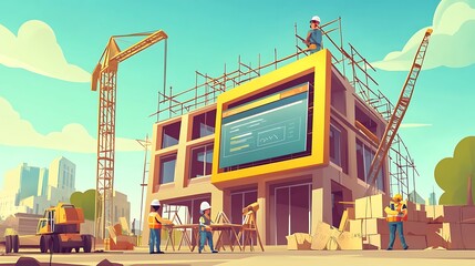 Construction Workers Building Modern Office Building With Digital Interface