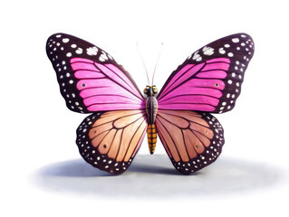 Fototapeta premium Pink and Orange Butterfly with Black Dots on White Background