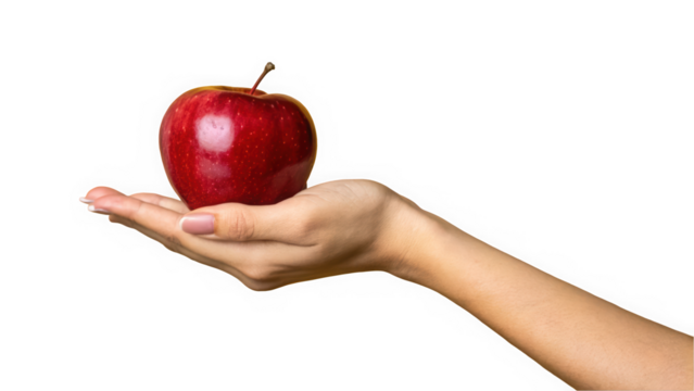 A close-up of a hand holding a shiny red apple, symbolizing health and vitality.