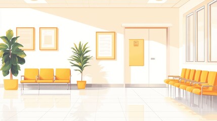 Sunny waiting room with yellow chairs and plants.