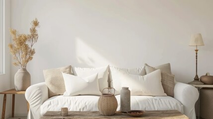 Modern Living Room with White Sofa and Wooden Table in Simple Decor, AI generated image
