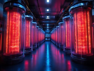 Glowing cylindrical containers in a futuristic data center.