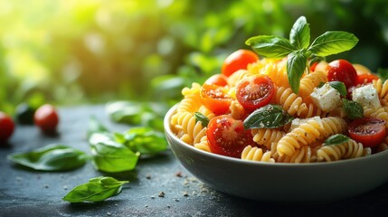 Cold pasta salad with fusilli, cherry tomatoes, olives, feta cheese, and a drizzle of olive oil, served in an outdoor setting for a refreshing dish.
