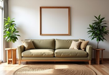 Bungalow Living Room, Light Olive Sofa, Oak Side Tables, Woven Rug, White Wall, Floating Canvas Art, Morning Light, California Style, Minimalist Decor.

