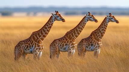 Obraz premium Three Giraffes Stand In Tall Golden Grassland