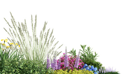 3d rendering illustration nature meadow bush on lawn grass field beautiful plant on isolate...