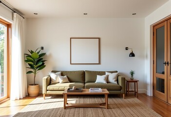 California Bungalow, Light Olive Couch, Oak Side Tables, Woven Rug, White Wall, Floating Canvas Art, Morning Light, Minimalist Lounge, Coastal Interior.

