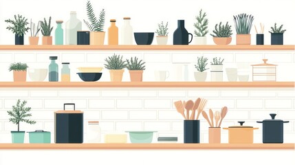 Kitchen shelves with herbs, plants, utensils, and cookware.