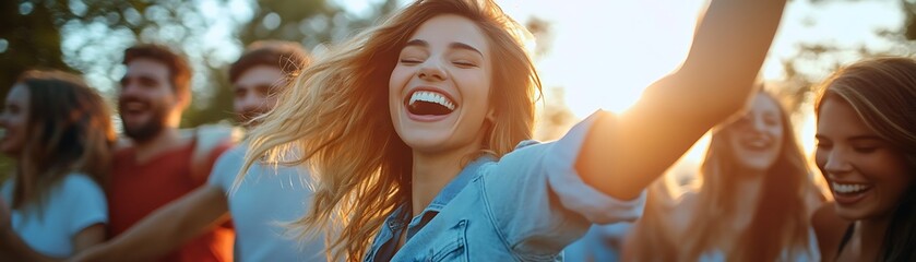 Joyful Woman with Friends in Golden Sunlight