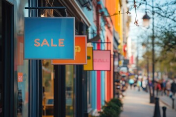 Colorful street shops sale signs, city background