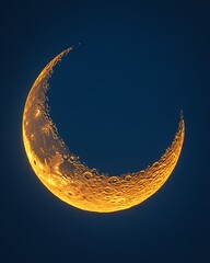 Golden crescent moon in dark night sky.