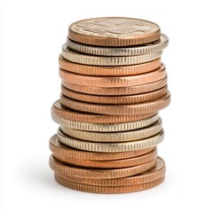 A Vertical Stack of Diverse Coins on White Background, Showcasing Metallic Hues and Textures