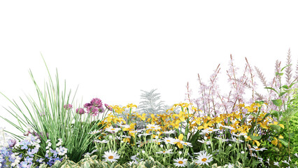 3d rendering illustration nature meadow bush on lawn grass field beautiful plant on isolate background landscape