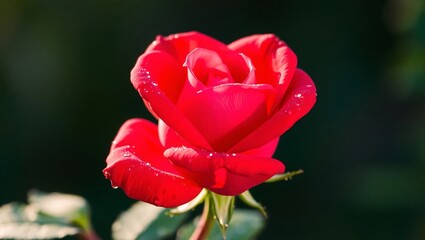 A vivid red rose surrounded by green foliage, glistening with dew in soft light