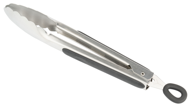 Tongs. Cooking kitchen tongs with soft-grip silicone handles. Durable stainless steel tongs with locking for cooking. Tongs with silicone rubber grips and metal tips for BBQ. Kitchenware for kitchen