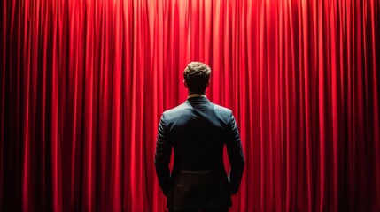 Elegant Actor Bowing Before Red Curtain on Stage